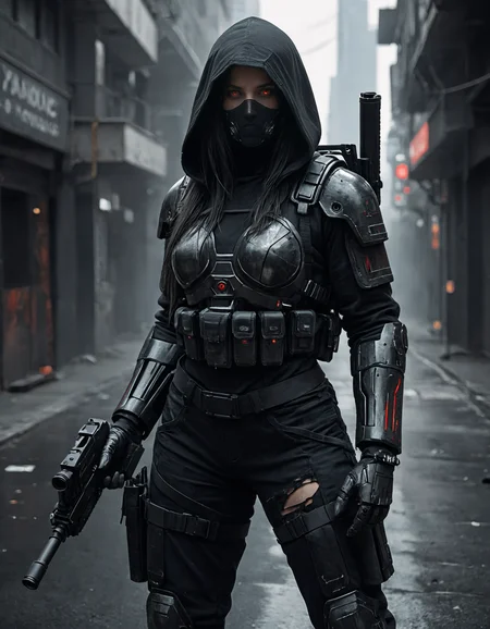 thick lineart, sharp edges, clear focus, A black and white sketch of an enigmatic woman with red eyes, dressed in dark armor and carrying two machine guns. Her long hair is tied back by a hood that covers her face completely. She stands tall against the backdrop of war-torn urban landscapes, creating a dramatic contrast between light and shadow. The style reflects cyberpunk aesthetics, with bold brush strokes adding intensity to the expressionism in the style of the artist.