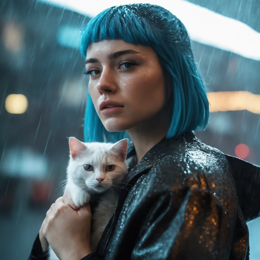 RAW photo, (photo flash:1.5) (fashion photography) (pictorialist style), fashion shot, realistic photo style, sharp focus,
(full body shot) of a 20 yo girl with ice blue hair in future clothes, angry or crying and sad looking, tearful and open-mouthed, reveal sorrow, open mouth, teary, tear, sorrow, crying, transparent liquid, water tears, glass tears, cute face, eye level, focus on eyes,
she ist wearing a sleek metallic jumpsuit with holographic accents, LED-lit seams, form-fitting silhouette, iridescent fabric, touch-responsive panels, adaptive color-changing, avant-garde asymmetry, integrated tech accessories, gravity-defying drapes, translucent mesh inserts, biomimetic textures, 3D-printed details, energy-efficient materials, microfiber sensors, minimalist cutouts, modular layering, neural interface compatibility, solar-charging capabilities
She is holding a white cat, rain, (wet fur:1.2), water droplets, puddles, drenched, shimmering, damp paws, misty air, whiskers glistening, gray skies, reflective eyes, soggy whiskers, damp nose, fur clinging, splashing, damp coat, rainy day, water-soaked, watery world
photo location is a night scene from blade runner movie: moviestill, (bright dazzling neon lights:1.3), futuristic skyline, neon-lit alleys, rain-soaked pavement, towering skyscrapers, gritty urban sprawl, synthetic humans, bustling crowds, holographic billboards, flying vehicles, dimly lit shops, cyberpunk aesthetics, dystopian atmosphere, steamy vents, flickering lights, androids in shadows, moody reflections, artificial intelligence, techno-noir setting, dark mysteries, urban decay, rain-slicked streets, augmented reality, electronic hum, metropolitan dystopia, eerie silence, urban isolation, polluted skies, neon glow, tech-enhanced crime, melancholic undertones, enigmatic figures, uncertain future, digital billboards, glimmering advertisements, corporate dominance, haunting alleys, tech noir ambiance, abandoned corners, cybernetic implants, forbidden desires, existential questions, artificial lifeforms, ethereal music, looming architecture
dappled light on face, pale skin, no make-up, detailed face and eyes, natural skin texture, (highly detailed skin:1.1), (textured skin:1.1), (skin pores:1.1), (oiled shiny skin:0.5), (skin blemish:1.2), (imperfect skin:1.1), intricate skin details, visible skin detail, detailed skin texture, detailed eyes, round iris, remarkable detailed pupils, light reflections in her eye, visible cornea, highly detailed iris, tiny blood vessels in the eye, small freckles, wrinkles, pimples, beauty spot, <lora:polyhedron_all_sdxl-000004:0.7>
celluloid's unique character, film grain, (no depth of field:1.5), movie shot with (panavision panaflex gold camera:1.1) on (celluloid:1.2), shot by ridley scott, shot by Denis Villeneuve, best quality, masterpiece, ultra high res, (photorealistic:1.4), 8K raw photo, professional photography, award winning photo, ((light)) photography