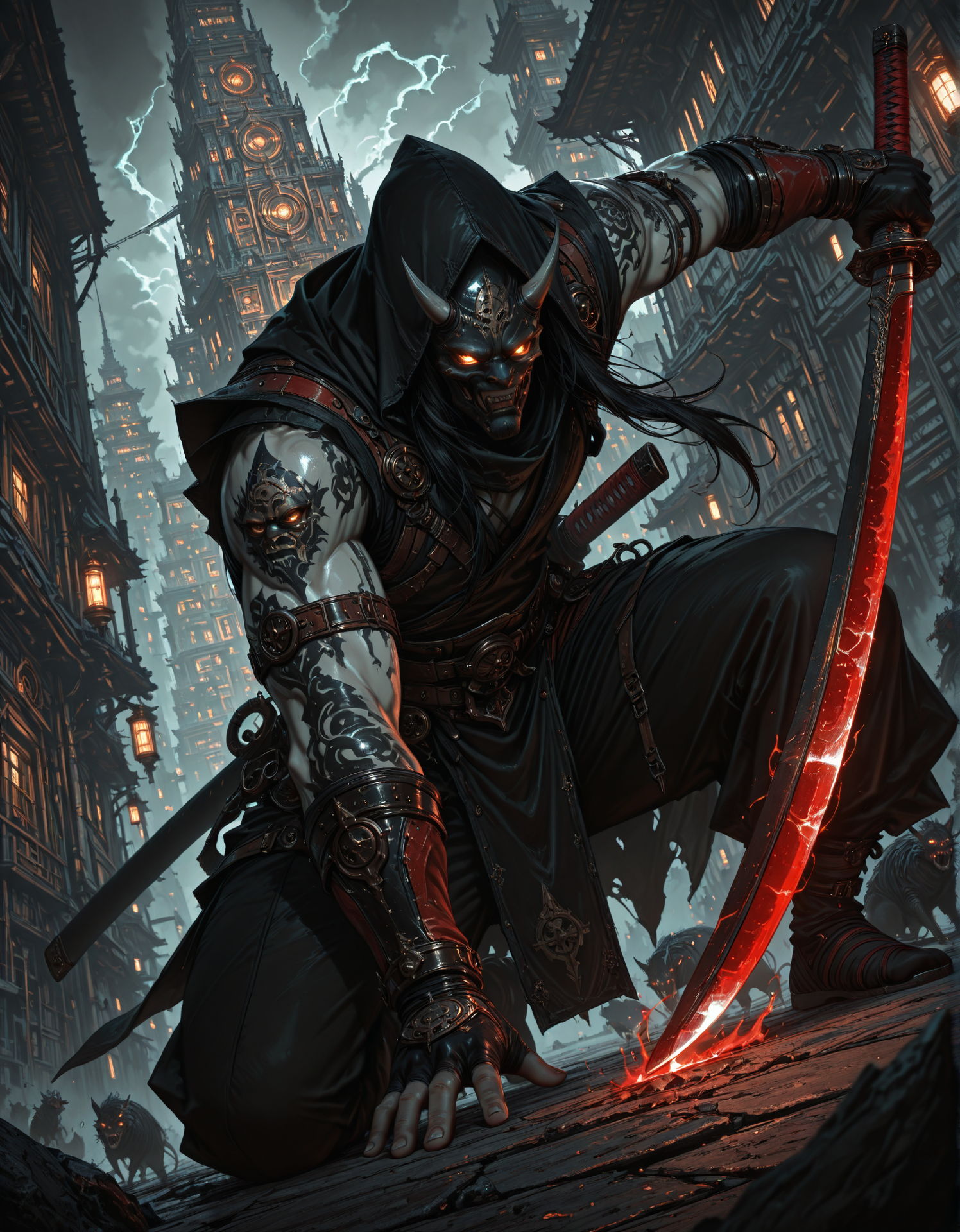 masterpiece, best quality,high quality, newest, highres,8K,HDR,absurdres, dark fantasy, epic, cinematic, (solo), 1boy, evil ninja, black tattoos, oni Mask, long hair, black hair, pale skin, armored, cloaked, hooded, glowing eyes, rats, dark magic, red katana, city of towers, steampunk city, sharn,
, dynamic pose, intense lighting, detailed background, depth of field, dynamic composition, detailed background, dynamic pose, dynamic composition,dutch angle, detailed backgroud,blurry edges <lora:iLLMythG0thicL1nes:1> G0thicL1nes