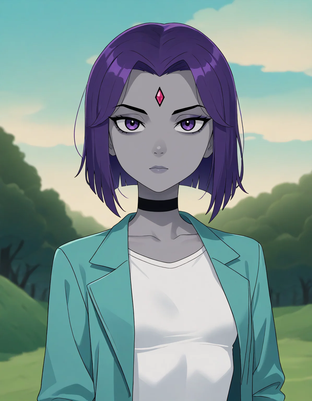 very awa, masterpiece,best quality,amazing quality, best quality, newest, absurdres, highres, detailed background, detailed hair, depth of field, detailed skin, best quality, amazing quality, very aesthetic, high resolution, ultra-detailed, absurdres, OverallDetailXL, skinny, narrow waist, aged up, c3nt4urw0rld, outdoors, tree, parody, nature, sky, forest, cloud, grass, raven \(dc)\ raven, purple hair, purple eyes, grey skin, forehead jewel, colored skin, small breasts, short hair, white sclera, grey skin, Shirt, jacket, open jacket, white shirt, Aqua Green jacket, choker, black choker, portrait, facing viewer, looking at viewer,,