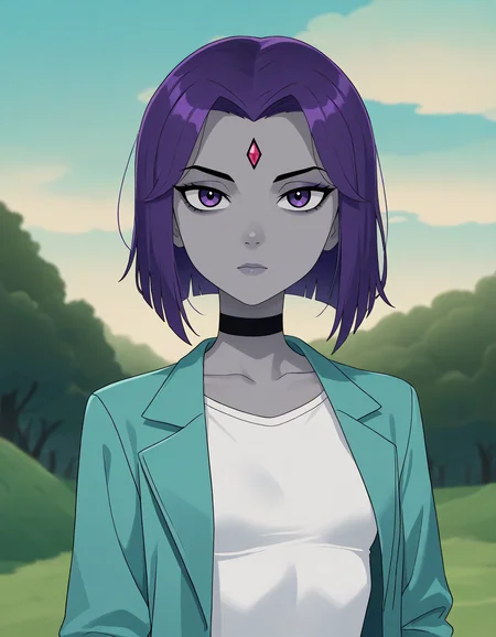 very awa, masterpiece,best quality,amazing quality, best quality, newest, absurdres, highres, detailed background, detailed hair, depth of field, detailed skin, best quality, amazing quality, very aesthetic, high resolution, ultra-detailed, absurdres, OverallDetailXL, skinny, narrow waist, aged up, c3nt4urw0rld, outdoors, tree, parody, nature, sky, forest, cloud, grass, raven \(dc)\ raven, purple hair, purple eyes, grey skin, forehead jewel, colored skin, small breasts, short hair, white sclera, grey skin, Shirt, jacket, open jacket, white shirt, Aqua Green jacket, choker, black choker, portrait, facing viewer, looking at viewer,,