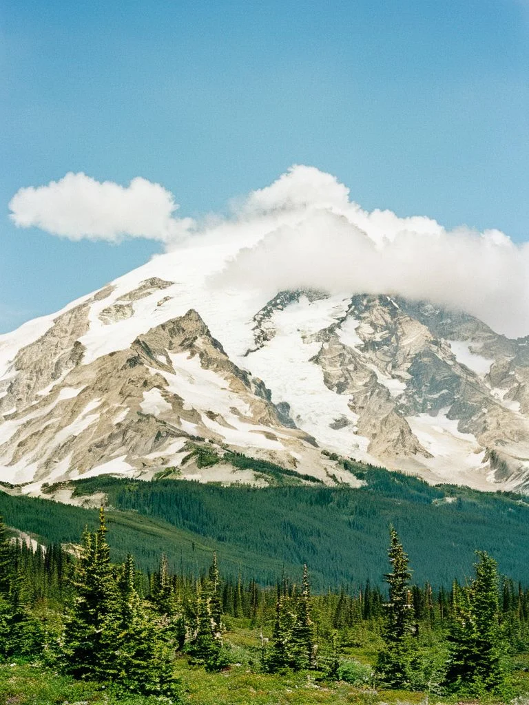 film photography style a snowy mountain range with a forest in the foreground, fluffy clouds in the sky, early morning <lora:FILM_PHOTOGRAPHY_STYLE-000017:1>