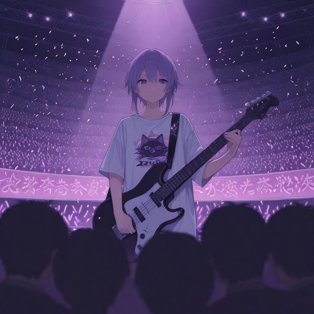 Anime style illustration of a young male guitarist on stage. He has dark, tousled hair and a somewhat serious expression. He's wearing a white long-sleeved shirt with a stylized cartoon cat graphic on it. He is holding a bright pink electric guitar. The background is a concert stage with blurred figures of a crowd, bright purple stage lights, and a shower of confetti. The overall style is vibrant and colorful with sharp details.