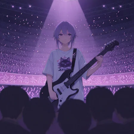 Anime style illustration of a young male guitarist on stage. He has dark, tousled hair and a somewhat serious expression. He's wearing a white long-sleeved shirt with a stylized cartoon cat graphic on it. He is holding a bright pink electric guitar. The background is a concert stage with blurred figures of a crowd, bright purple stage lights, and a shower of confetti. The overall style is vibrant and colorful with sharp details.