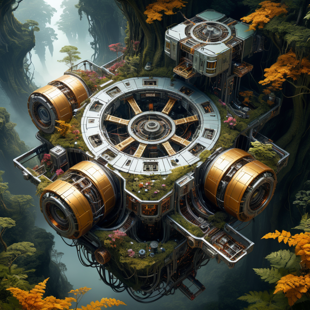 Biomorphic stunning abondend space station ruin in forest biomechanical interface maximalist perfect illustration, digital painting art, scifi, futuristic, utopian, machine parts, body parts, wires, circuits, highly detailed, floral, octane render, cinematic, aerial look from above, hauntingly surreal, highly detailed and intricate, rich deep colors, intricate artwork masterpiece, ominous, matte painting movie poster, golden ratio, intricate, epic, artistic masterwork by head of prompt engineering  <lora:xl_more_art-full_v1:0.5> <lora:add-detail-xl:2>