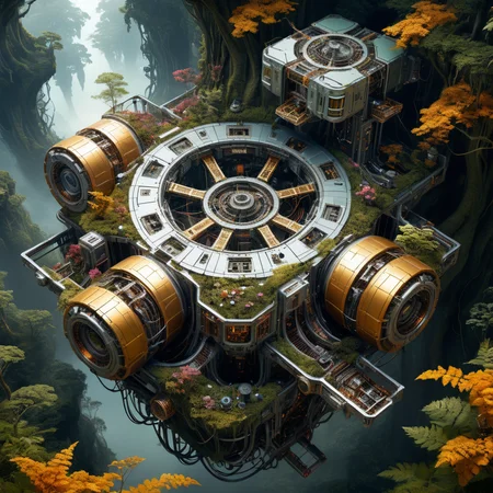 Biomorphic stunning abondend space station ruin in forest biomechanical interface maximalist perfect illustration, digital painting art, scifi, futuristic, utopian, machine parts, body parts, wires, circuits, highly detailed, floral, octane render, cinematic, aerial look from above, hauntingly surreal, highly detailed and intricate, rich deep colors, intricate artwork masterpiece, ominous, matte painting movie poster, golden ratio, intricate, epic, artistic masterwork by head of prompt engineering <lora:xl_more_art-full_v1:0.5> <lora:add-detail-xl:2>