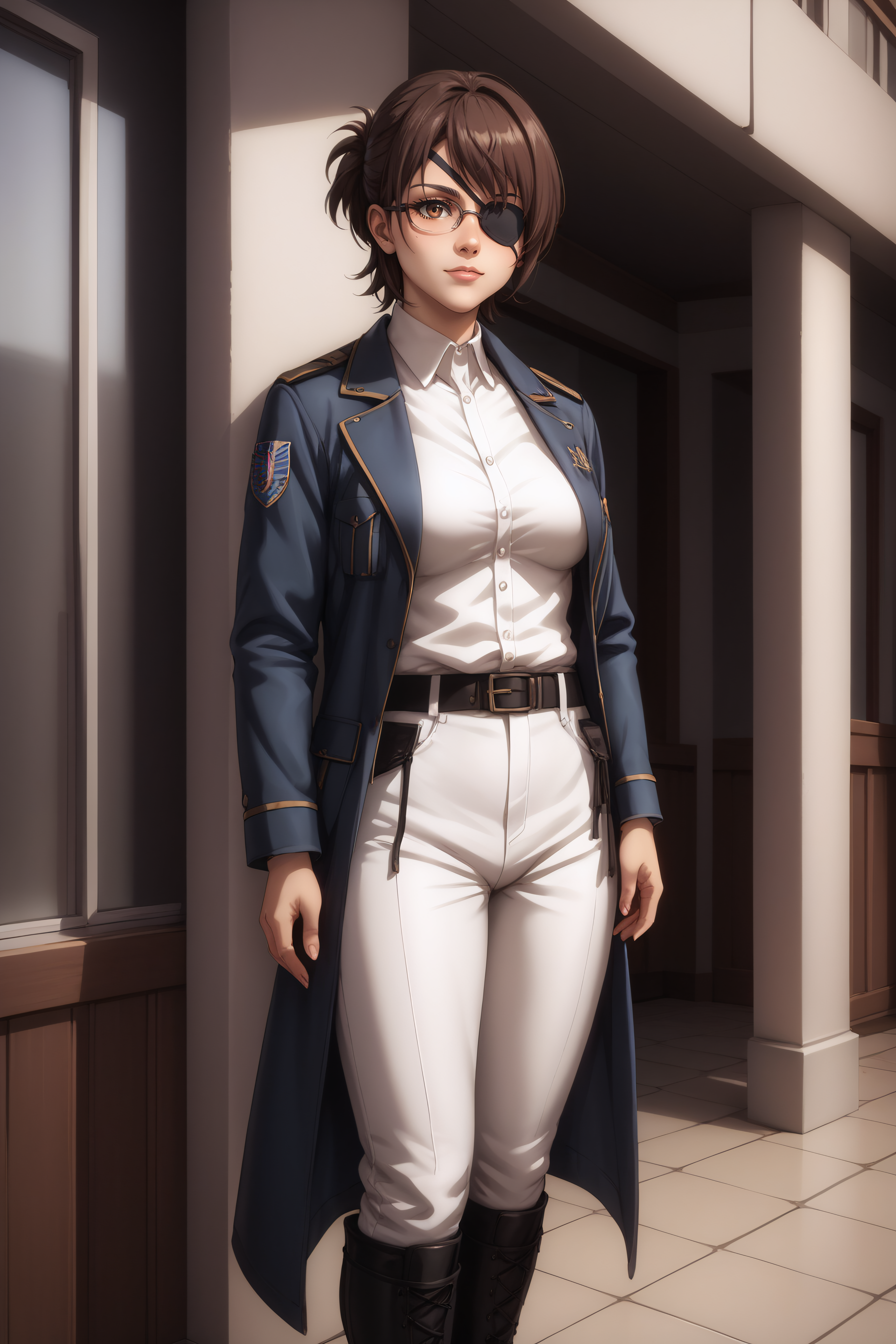 score_9, score_8_up, score_7_up, BREAK source_anime, <lora:hange zoë-PonyXL-lora-Faxtron:0.8> hange, glasses, brown eyes, dark brown hair, medium breasts, eye patch, military overcoat, survey corps \(emblem\), white shirt, white pants, knee boots, standing,