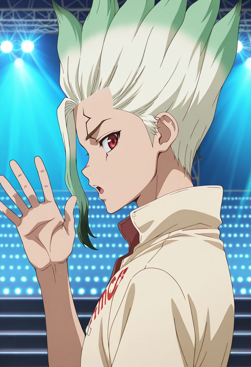 masterpiece, best quality, intricate details, anime screencap, anime coloring, official style, looking at viewer, 1boy, solo, male focus, <lora:senkuu_ishigami_ilxl:0.98>, senkuu_ishigami, green hair, red eyes, multicolored hair, two-tone hair, white hair, facial mark, profile, concert, stage, stage lights, idol, day, waving, :o,