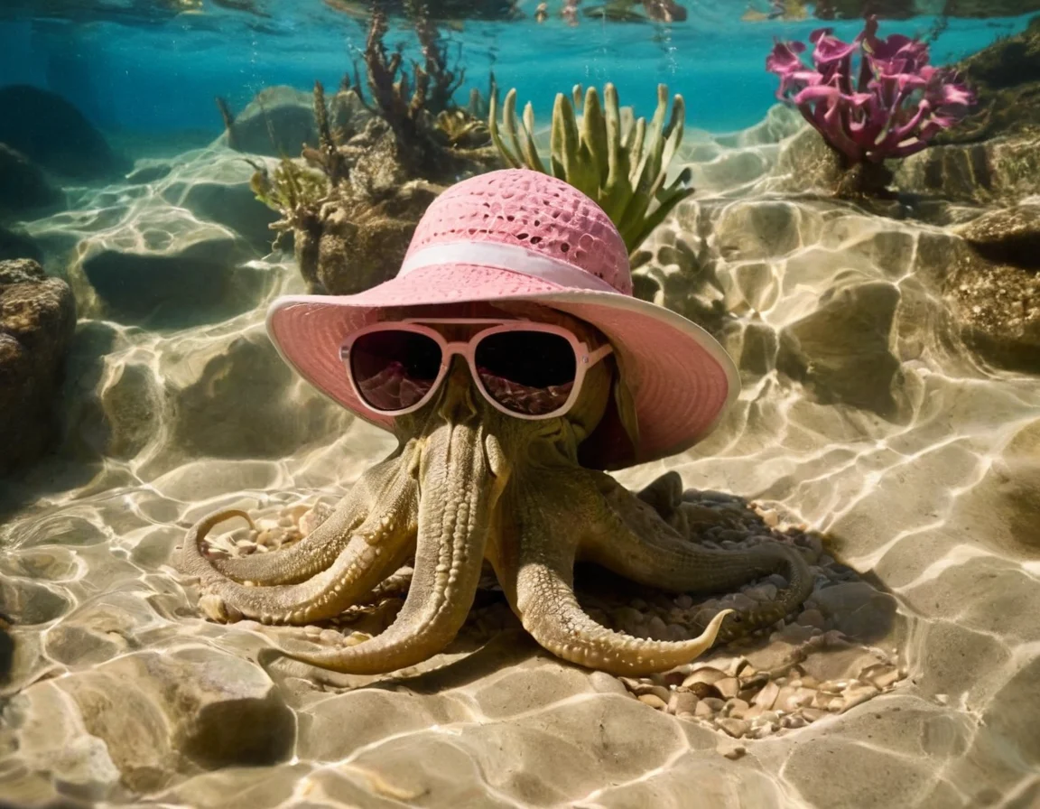 cinematic still Cthulhu in a fishtank wearing sunglasses and a pink sun hat, sand, gravel, rocks, plants, caustics . emotional, harmonious, vignette, 4k epic detailed, shot on kodak, 35mm photo, sharp focus, high budget, cinemascope, moody, epic, gorgeous, film grain, grainy, Cthulhu in a fishtank wearing sunglasses and a pink sun hat, sand, gravel, rocks, plants, caustics, epic composition, intricate, elegant, dramatic, luxurious, cinematic, highly detailed, sharp focus, clear, incredible fine detail, very surreal, ambient light, colorful, contemporary, professional, artistic, creative, pure, rational, cool colors