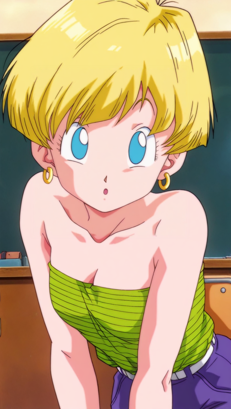 retro artstyle, no pupils, source_anime, masterpiece, best quality, amazing quality, anime screencap, high quality, 8k, absurdres, official style, 1girl, solo, looking at viewer, :o, leaning forward, <lora:Erasa_iL:1>, er4s4, blue eyes, blonde hair, short hair, school outfit, green tube top, stripes, shirt tucked in, bare shoulders, breasts, cleavage, jewelry, earrings,