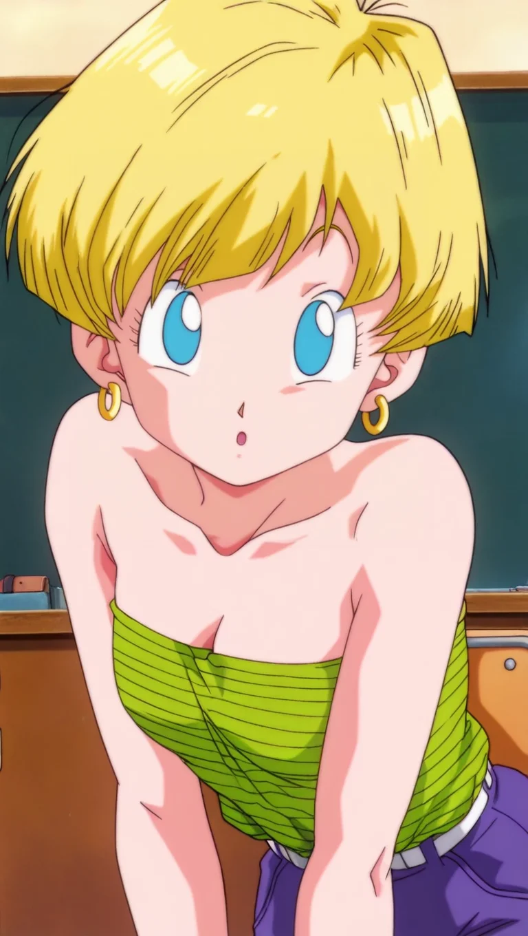 retro artstyle, no pupils, source_anime, masterpiece, best quality, amazing quality, anime screencap, high quality, 8k, absurdres, official style, 1girl, solo, looking at viewer, :o, leaning forward, <lora:Erasa_iL:1>, er4s4, blue eyes, blonde hair, short hair, school outfit, green tube top, stripes, shirt tucked in, bare shoulders, breasts, cleavage, jewelry, earrings,