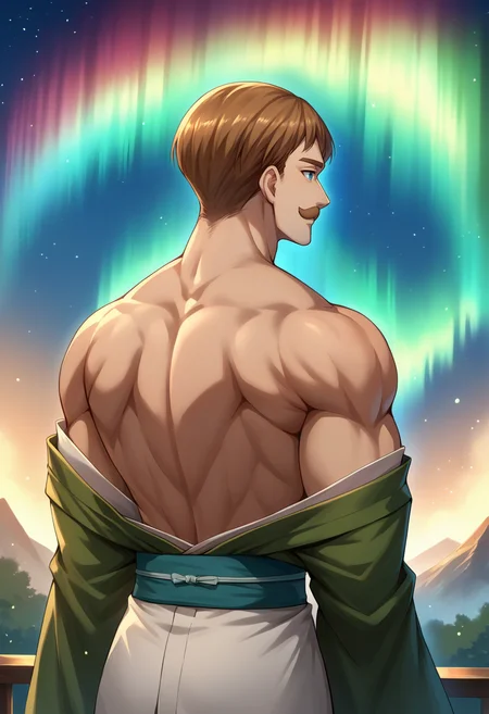score_9, score_8_up, score_7_up, source_anime, 1boy, solo, Escanor, muscular, short hair, brown hair, mustache, blue eyes, aurora, back, bare back, bare shoulders, bow, from behind, kimono, light particles, long sleeves, off shoulder, <lora:ChamEscanorPonyXL:1>