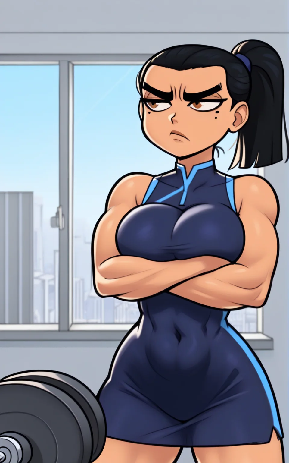 best quality, absurdres <lora:BolivanteStyleITS:0.8>, <lora:ETDITS:0.8>, ETDITS, dark blue dress, short dress,sleeveless, skin tight, sportswear, ponytail, black hair, mole under eye, mole, brown eyes, breasts, large breast, unibrow, thick eyebrows, annoyed, slim, inside,solo,annoyed,slim, exercise, weightlifting, window, city, crossed arms, arms under breasts