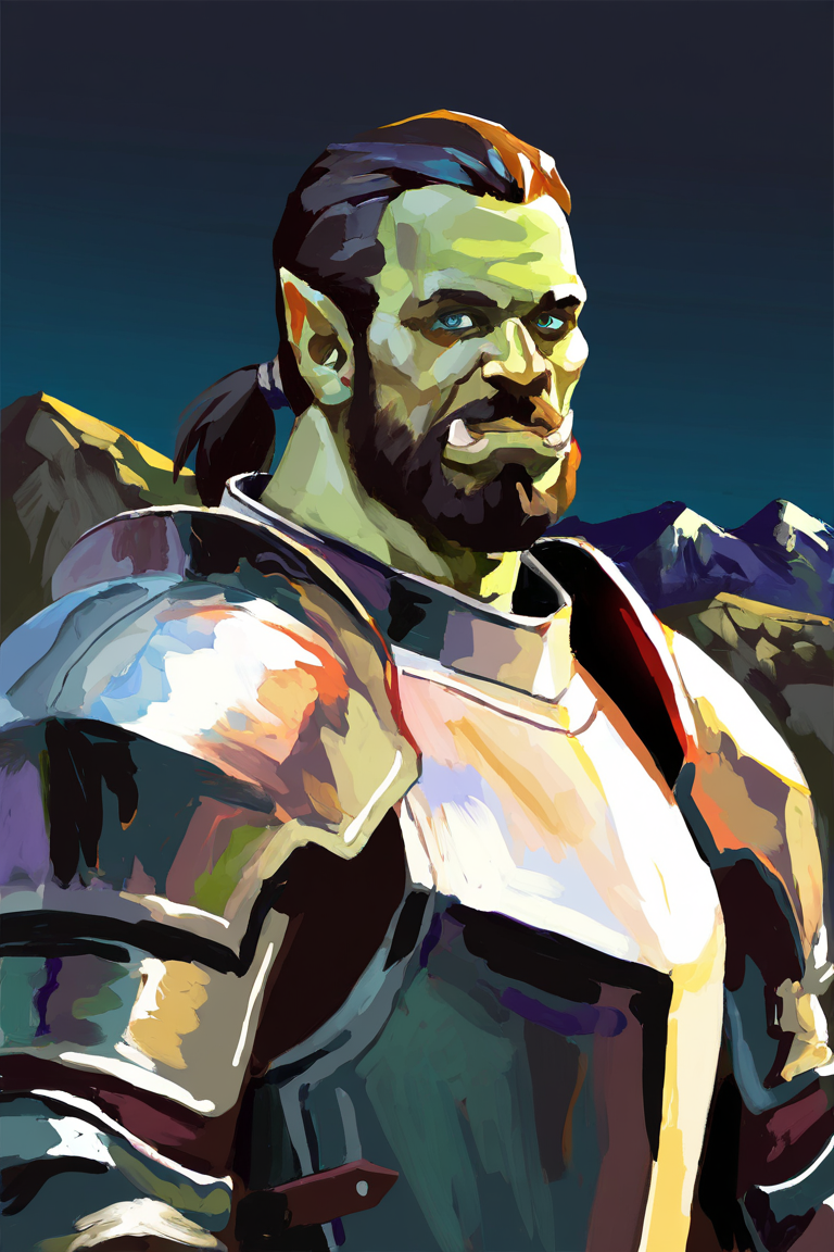 masterpiece, best quality, highres, newest, abstractionism, brush stroke, traditional media, 1boy, solo, male focus, mature male, orc, colored skin, green skin, tusks, blue eyes, medium hair, black hair, hair slicked back, ponytail, facial hair, beard, mustache, looking at viewer, full armor, shoulder armor, breastplate, pauldrons, upper body, closed mouth, standing, outdoors, mountain, night, night sky, dark background <lora:Abstract Painting - Style [LoRA] - NoobAI-XL EPS 1.0:0.8>