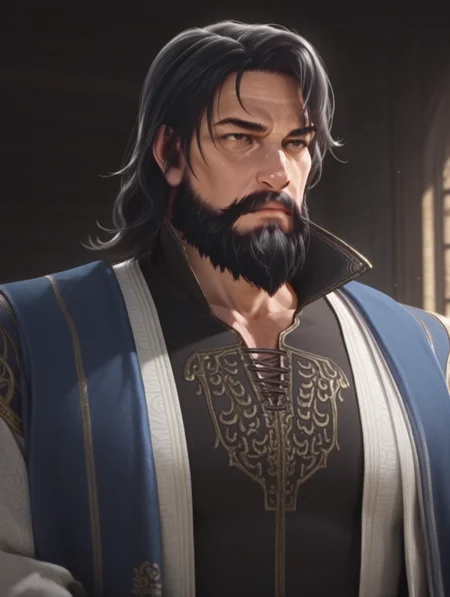 xuanzi, 1boy, facial hair, male focus, mustache, black hair, beard, masterpiece, best quality, amazing quality