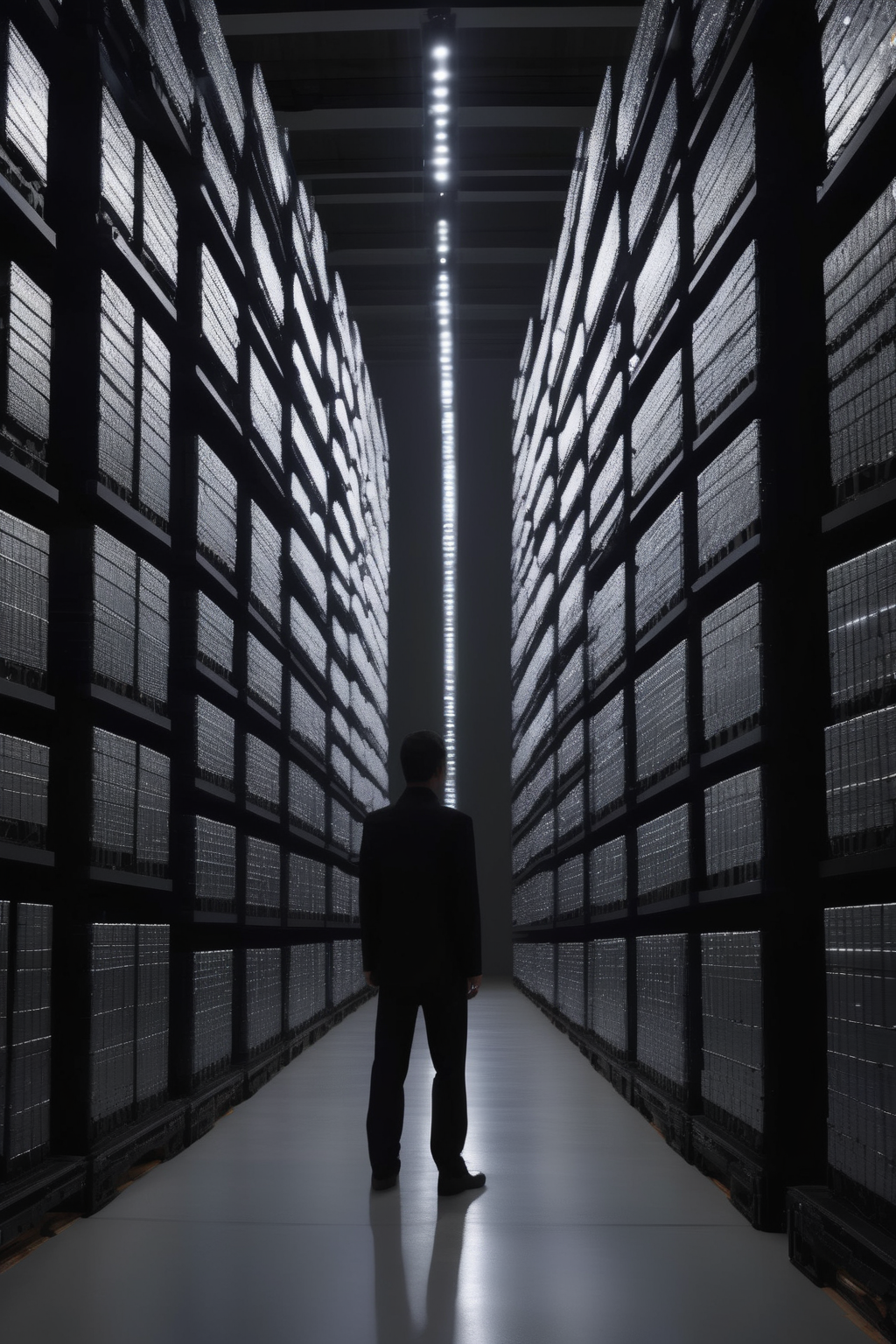 <lora:Ryoji Ikeda Style:1>Ryoji Ikeda Style - In a vast warehouse filled with neatly stacked containers, the Zeiss lens zooms in on the robotic workforce. Their sleek bodies, clad in matte black, move with precision along the designated pathways. The lighting, a combination of high-powered LED lights and reflective panels strategically placed throughout the space, casts a bright, uniform illumination. The absence of harsh shadows allows the robots to stand out against the clean and evenly lit environment.