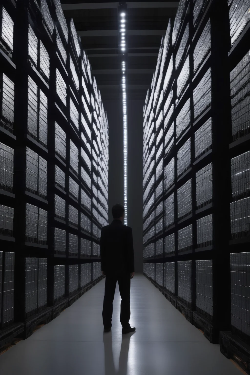 <lora:Ryoji Ikeda Style:1>Ryoji Ikeda Style - In a vast warehouse filled with neatly stacked containers, the Zeiss lens zooms in on the robotic workforce. Their sleek bodies, clad in matte black, move with precision along the designated pathways. The lighting, a combination of high-powered LED lights and reflective panels strategically placed throughout the space, casts a bright, uniform illumination. The absence of harsh shadows allows the robots to stand out against the clean and evenly lit environment.