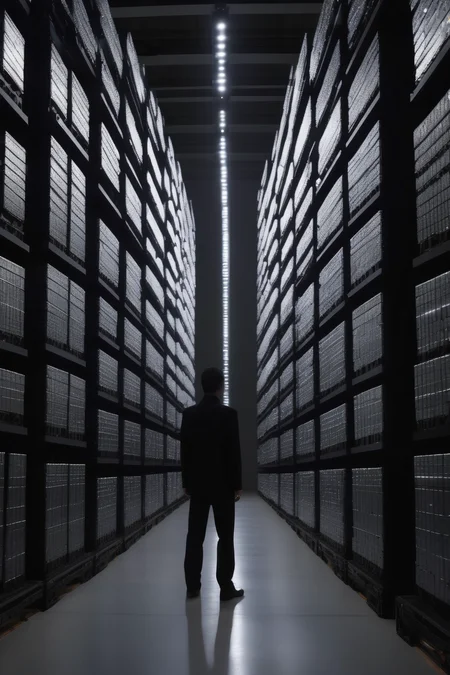 <lora:Ryoji Ikeda Style:1>Ryoji Ikeda Style - In a vast warehouse filled with neatly stacked containers, the Zeiss lens zooms in on the robotic workforce. Their sleek bodies, clad in matte black, move with precision along the designated pathways. The lighting, a combination of high-powered LED lights and reflective panels strategically placed throughout the space, casts a bright, uniform illumination. The absence of harsh shadows allows the robots to stand out against the clean and evenly lit environment.