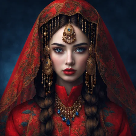<lora:woman in red>,hn,1girl,solo,veil,blue eyes,looking at viewer,red lips,black background,long hair,braid,necklace,portrait,simple background,brown hair,gem,realistic,lips,closed mouth,head chain,upper body,lipstick,gold,dark background,multiple braids,