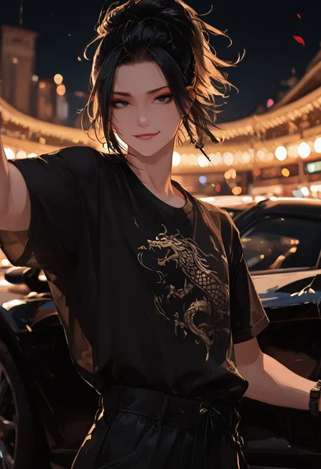 masterpiece, best quality, good quality, very aesthetic, absurdres,
newest, 8K, depth of field, focused subject,visual storytelling,dynamic composition,
close up, stylized, scenery, bokeh,blurred background,
Black Myth Wukong, male sun wukong,
chinese mythology,( dynamic pose:1.3), smirking face,
upper body focus,
casual clothes, wearing luxurious black jeans and luxurious black tied t-shirt with gothic design, expensive black watch
windblown hair,
mythic scale, sakura petals, mystic mist,
cinematic composition, backlighting, volumetric light, vegas city scene, symbolic environment, god-tier illustration,(sketch:1.3), taking a selfie in front of a black lamborghini aventador with spoiler and body kit (car is black, chrome carbon fiber details, chrome rims), night scene under the moon, in front of a luxury casino