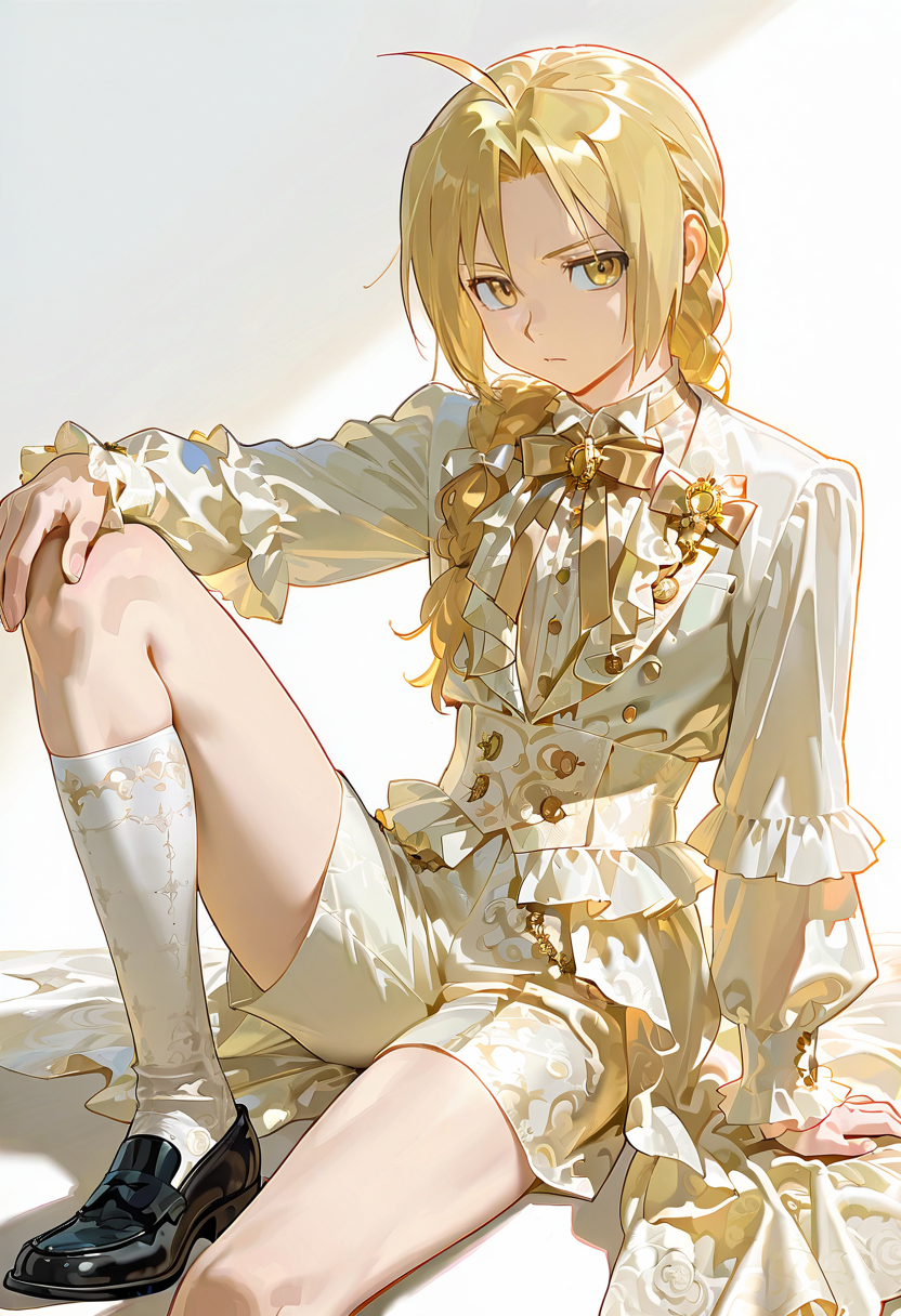 1boy, solo, champagne prince outfit, shorts, dress, white dress, kneehighs, bow, black footwear, edward_elric, sitting