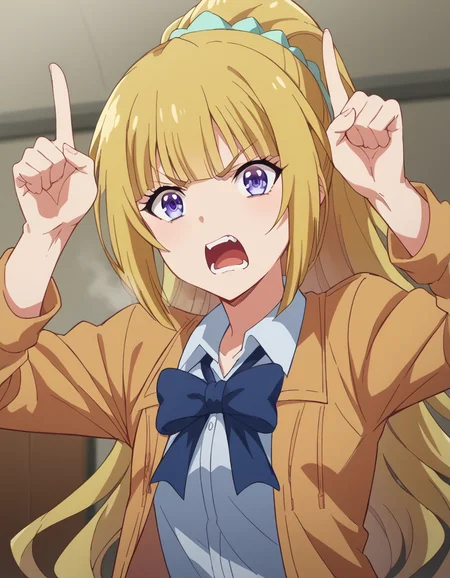 score_9, score_8_up, score_7_up, source_anime, keikaruizawa, <lora:kei-karuizawa-anime-s2-ponyxl-lora-nochekaiser:1>, kei karuizawa, long hair, bangs, blunt bangs, purple eyes, blonde hair, hair ornament, ponytail, scrunchie, blue scrunchie,, <lora:horns-pose-ponyxl-lora-nochekaiser:1>, horns pose, index fingers raised, angry, steam, open mouth, shouting, anger vein,, indoors,, cowboy shot, dutch angle, looking at viewer,