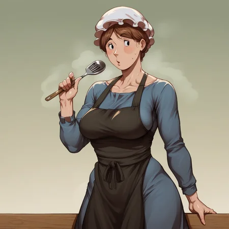 score_9_up, score_8_up, BREAK, 1girl, solo, AmishWife, short hair, brown hair, black eyes, mob cap, dress, apron, blue dress, mature female, cowboy shot, <lora:AmishWife_jlullaby_PXL_Leaf2:0.8>, outdoors, green gradient background, steaming body,