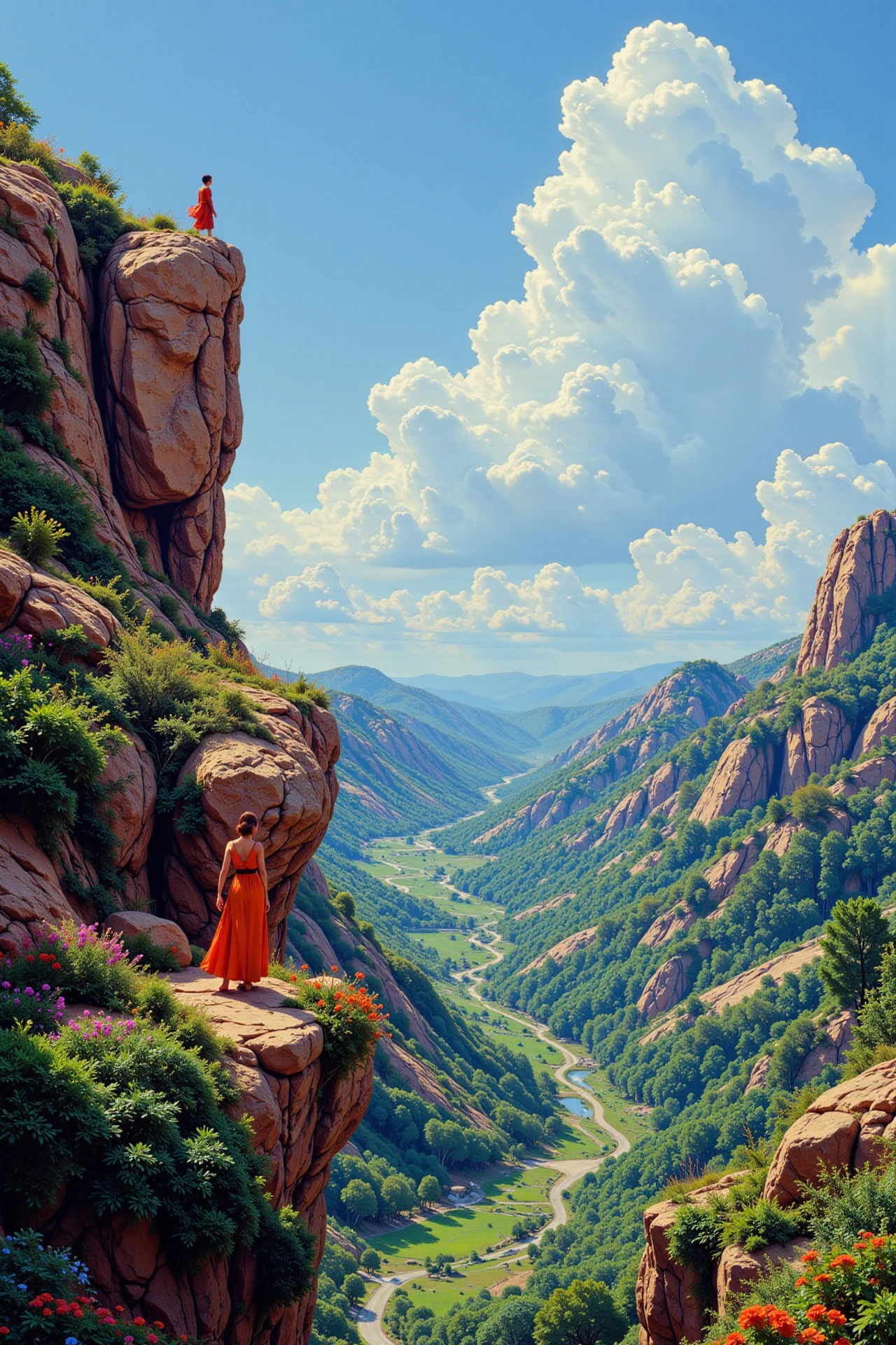 cliff beautiful  landscape, noon, woman, very intricate, very detailed, sharp, bright, colorful, <lora:Hand v2:0.5> <lora:Anti-Blur:1><lora:Insane Detail Slider:0.25>  <lora:flux.1_lora_flyway_Epic-detail_v2:0.3> <lora:fluxenhancer:0.25> <lora:90s-anime:1> retro anime, 77oussam 90s, studio ghibli style, 1990s anime