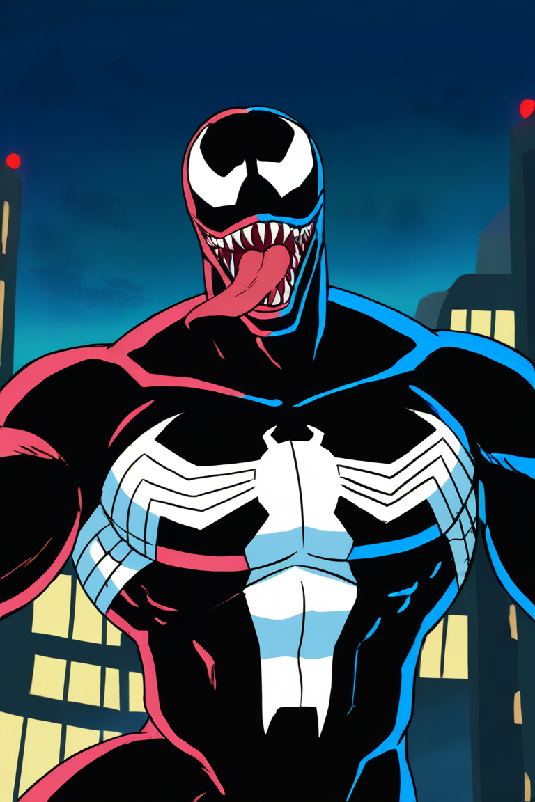 masterpiece, best quality, highres, newest, venom, 1boy, solo, male focus, muscular male, monster boy, symbiote, spider print, bodysuit, black bodysuit, slit pupils, open mouth, teeth, sharp teeth, tongue, tongue out, looking at viewer, standing, portrait, upper body, outdoors, city, building, night, night sky <lora:Venom (Eddie Brock) Spider-Man TAS v1.2 [LoRA] - NoobAI-XL EPS 1.0:0.8>