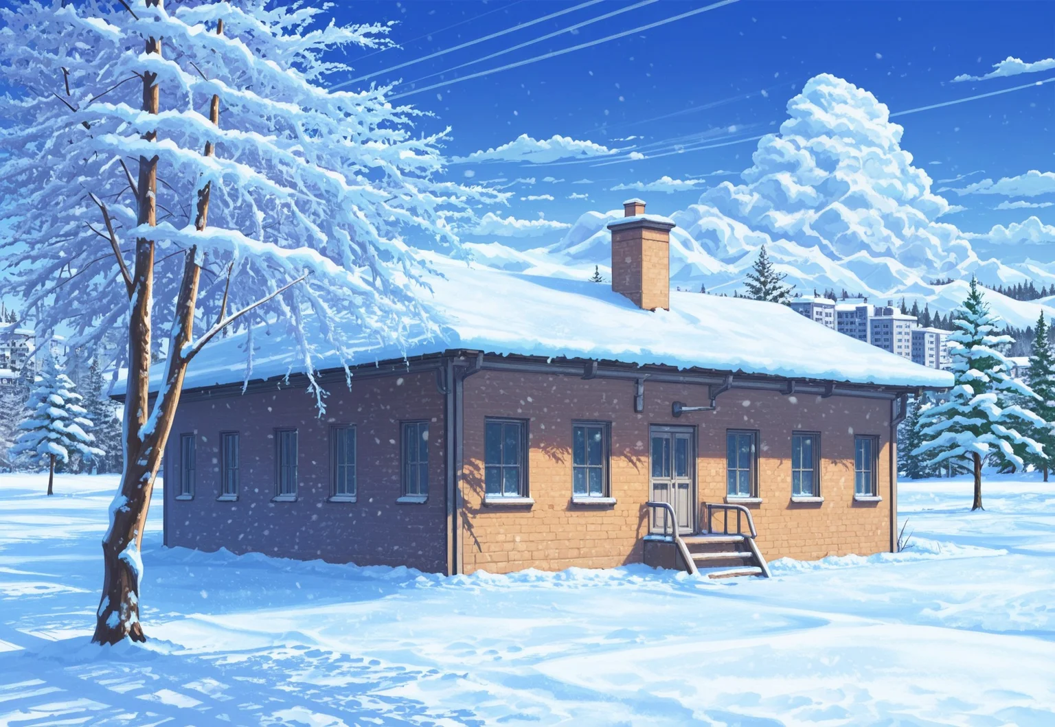 masterpiece, best quality, ESBG, background, scenery, tree, outdoors, sky, building, snow, cloud, winter