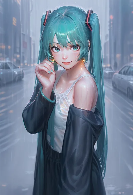 score_9, score_8_up, score_7_up, 1girl, hatsune miku, street, rain, earrings, light smile
<lora:guweiz_style_pony:1>