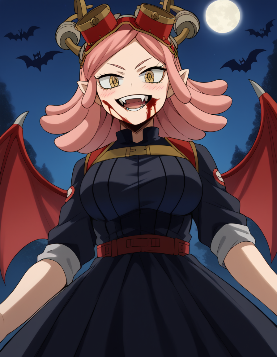 score_9, score_8_up, score_7_up, source_anime, <lora:mei-hatsume-s3-ponyxl-lora-nochekaiser:1>, mei hatsume, yellow eyes, pink hair, medium hair, symbol-shaped pupils, large breasts,, <lora:vampire-ponyxl-lora-nochekaiser:1>, vampire, red eyes, pointy ears, fangs, black dress, wings, blood, blood on face, blood on mouth, bat (animal), halloween, halloween costume, upper teeth only, night, moon, blush, smile, open mouth, , dutch angle, cowboy shot