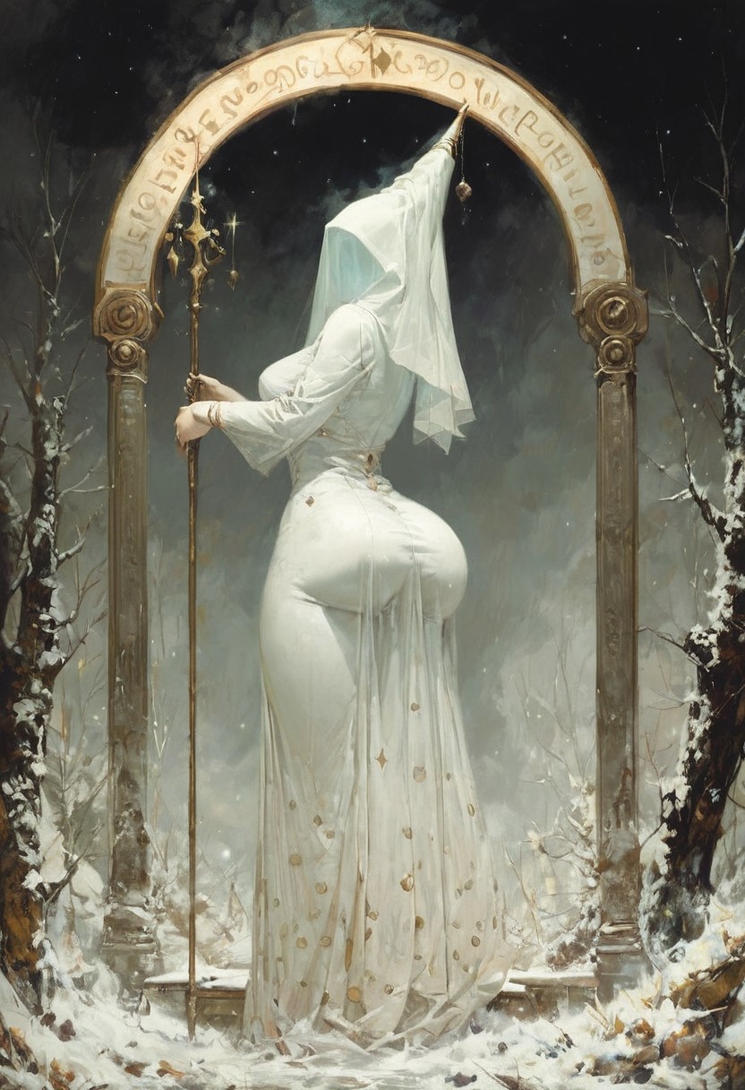 ((score_9, score_8_up, score_7_up)), (((character design, sci-fi warrior women, feminine power, perfect anatomy)))
, olivier ledroit "Requiem" style
 snowy forest background, holding a honeycomb staff, twinkling fairy lights.
, looking at viewer, seducing with her body, dancing towards viewer with her arms extending up, sexy ass seductive wide hips, butt cheeks, twerk, huge perky breasts, in the style of a vintage, high-contrast setting, Emphasize theatrical elements with bursts of bright colors against dark, moody backgrounds
,big butt, booty, bubble butt, emphasis on her ass, huge ass, steam sweat, seductive, butt slut,
<lora:add-detail-xl:2>