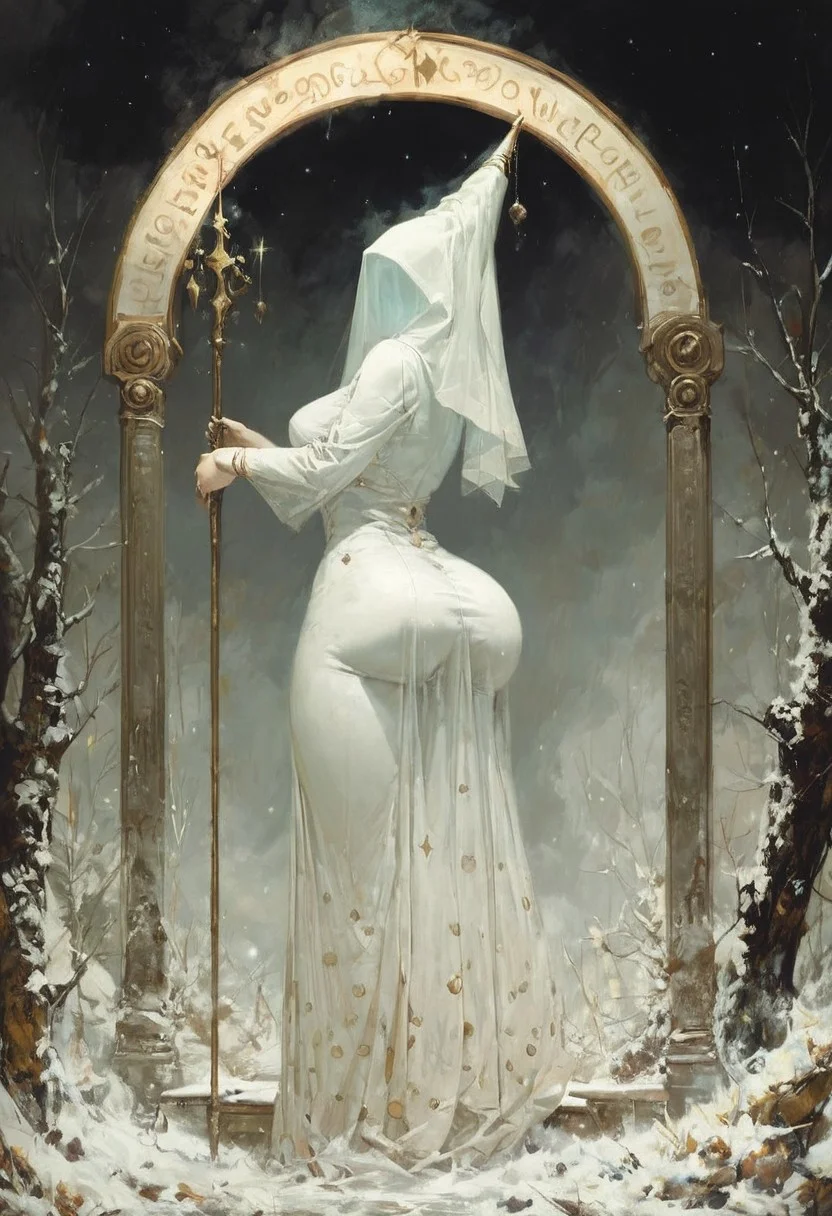 ((score_9, score_8_up, score_7_up)), (((character design, sci-fi warrior women, feminine power, perfect anatomy)))
, olivier ledroit "Requiem" style
snowy forest background, holding a honeycomb staff, twinkling fairy lights.
, looking at viewer, seducing with her body, dancing towards viewer with her arms extending up, sexy ass seductive wide hips, butt cheeks, twerk, huge perky breasts, in the style of a vintage, high-contrast setting, Emphasize theatrical elements with bursts of bright colors against dark, moody backgrounds
,big butt, booty, bubble butt, emphasis on her ass, huge ass, steam sweat, seductive, butt slut,
<lora:add-detail-xl:2>