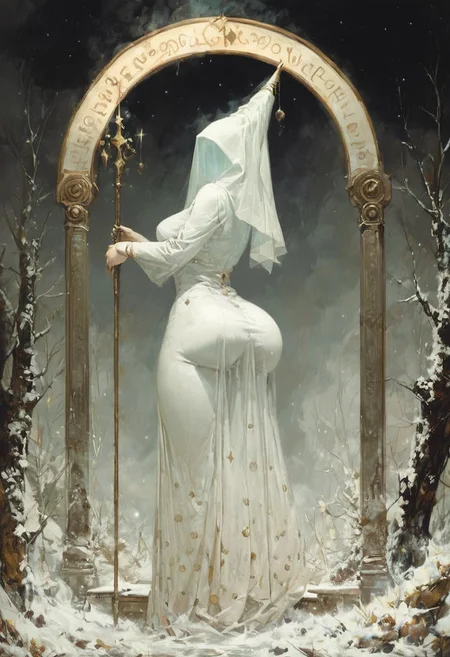 ((score_9, score_8_up, score_7_up)), (((character design, sci-fi warrior women, feminine power, perfect anatomy)))
, olivier ledroit "Requiem" style
snowy forest background, holding a honeycomb staff, twinkling fairy lights.
, looking at viewer, seducing with her body, dancing towards viewer with her arms extending up, sexy ass seductive wide hips, butt cheeks, twerk, huge perky breasts, in the style of a vintage, high-contrast setting, Emphasize theatrical elements with bursts of bright colors against dark, moody backgrounds
,big butt, booty, bubble butt, emphasis on her ass, huge ass, steam sweat, seductive, butt slut,
<lora:add-detail-xl:2>
