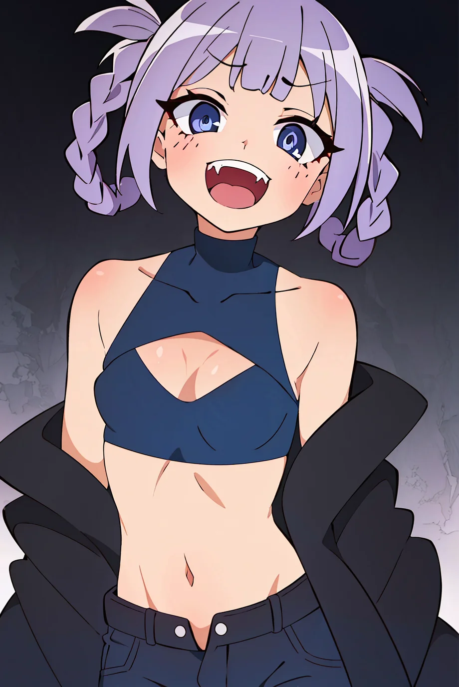lucky star, nanakusa nazuna,
1girl, bangs, black background, black jacket, black shirt, black shorts, blue eyes, blunt bangs, breasts, cleavage cutout, clothing cutout, crop top, eyeshadow, fangs, gradient hair, grey hair, hair rings, jacket, light purple hair, looking at viewer, makeup, multicolored hair, navel, open mouth, red eyeshadow, shirt, shorts, sleeveless, sleeveless turtleneck, sleeveless turtleneck crop top, small breasts, solo, stomach, turtleneck, turtleneck crop top, two-tone hair, vampire, ((masterpiece))
<lora:nanakusa_nazuna_offset:1> <lora:lucky_star_offset:1>