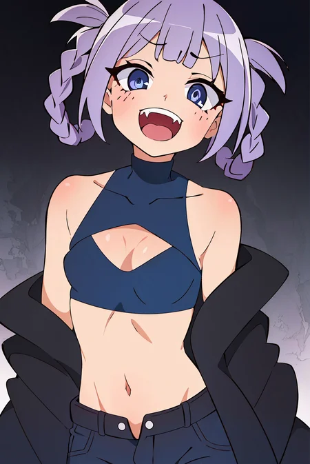 lucky star, nanakusa nazuna,
1girl, bangs, black background, black jacket, black shirt, black shorts, blue eyes, blunt bangs, breasts, cleavage cutout, clothing cutout, crop top, eyeshadow, fangs, gradient hair, grey hair, hair rings, jacket, light purple hair, looking at viewer, makeup, multicolored hair, navel, open mouth, red eyeshadow, shirt, shorts, sleeveless, sleeveless turtleneck, sleeveless turtleneck crop top, small breasts, solo, stomach, turtleneck, turtleneck crop top, two-tone hair, vampire, ((masterpiece))
<lora:nanakusa_nazuna_offset:1> <lora:lucky_star_offset:1>