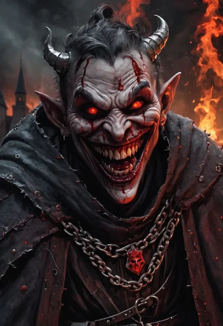 A chaos priest. Terrifying smile. Blood. medieval village. Insane. Insane. Terrifying. Night. DEVIL SPAWN