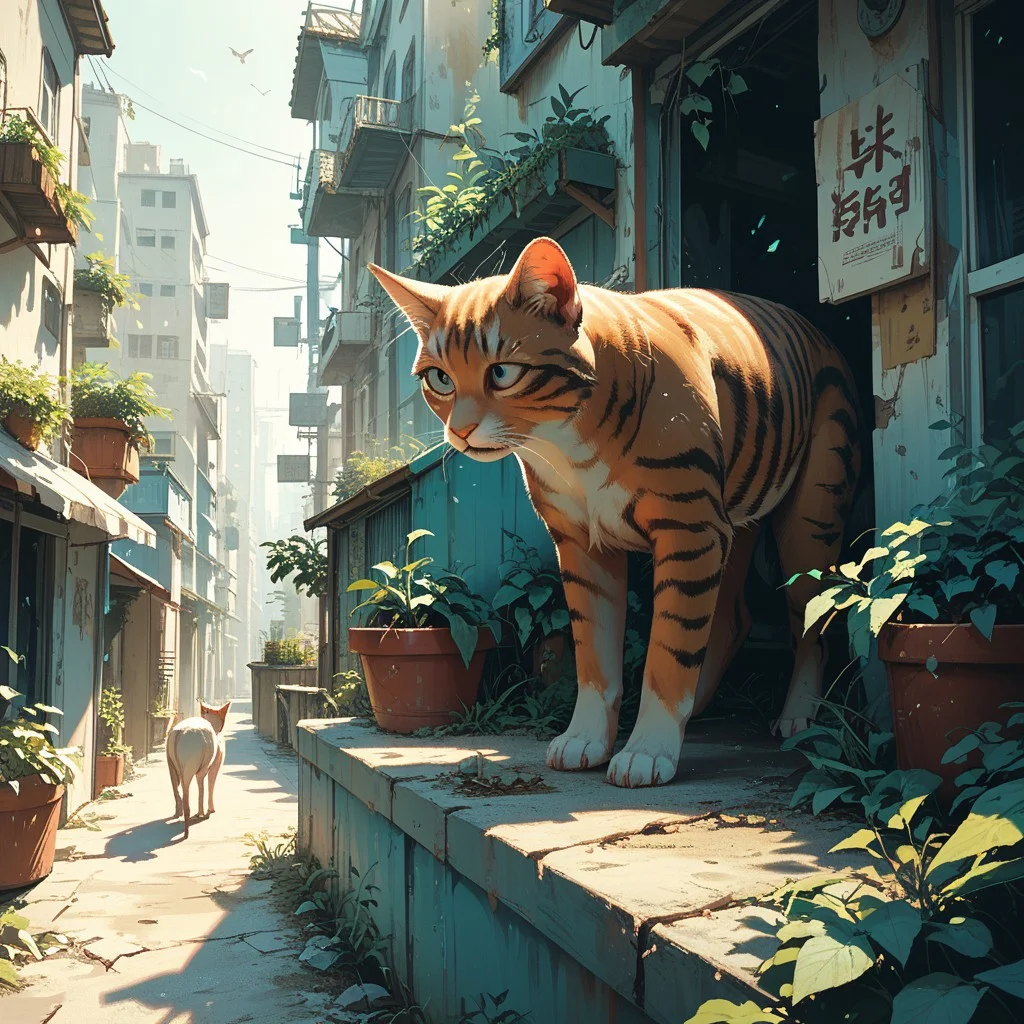 score_9, score_8_up, score_7_up, score_6_up, feral, cat, overgrown city, overgrown plants, a small cat cautiously approaching a broken robot