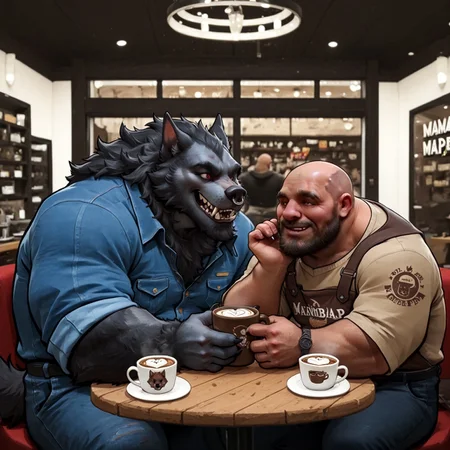 Large Werewolf and older  balding human male having cappuccino ,in cafe , face to face, fun, smiles, on date,  beard, nose ring, red eyes, mm, spiritbreakerpdxl, Strongman, manbear, werewolf, furry wolf, fangs, tail, PnyCmicPosXL, aidmaimageupgrader