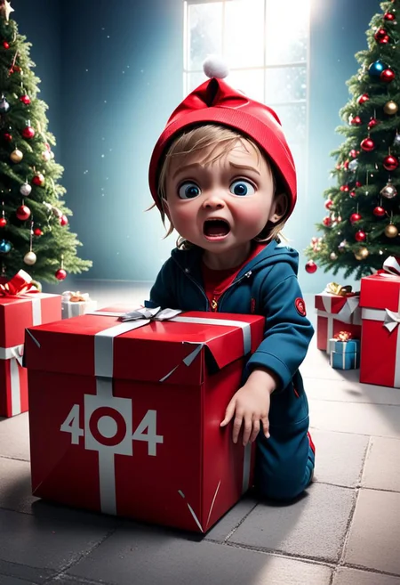(("404" text logo:3) in large prominent font, centered in a box held by crying child), child holding box with text while crying, red 3d lettering, "404" glowing, ominous flashing light, shadows, ray traced, Christmas tree background  dof