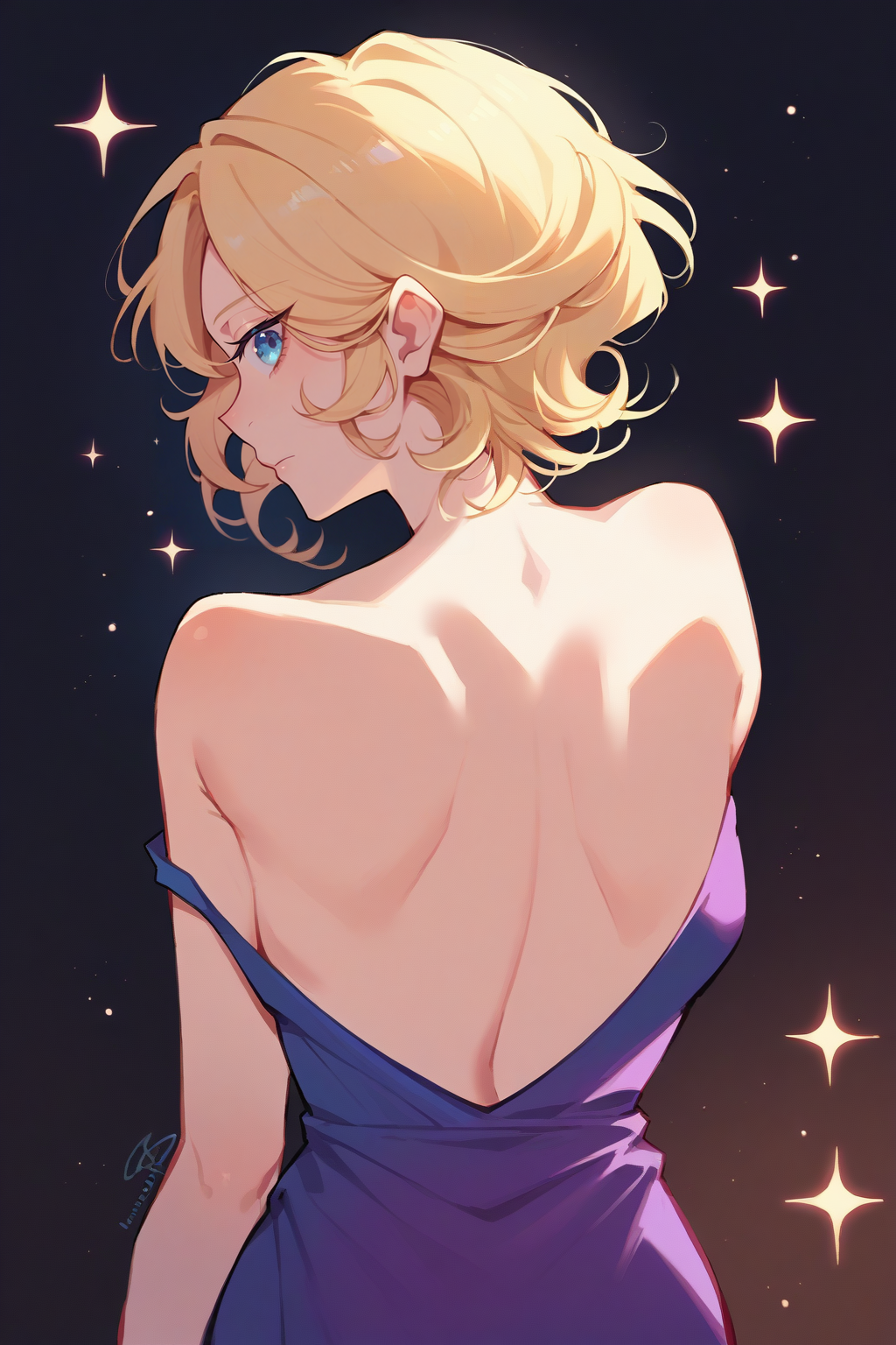 score_9, score_8_up, <lora:NSPhyllisPortia:1> NSPhyllisPortia, 1girl, solo, blonde hair, medium hair, blue eyes, from behind, purple evening gown, bare shoulders, looking back, sparkling, black background