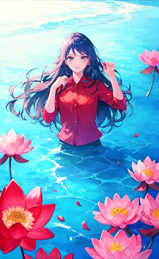 Samia, girl, solo, shirt, looking at you, face, perfect, flowers, high quality, radiant, knight, godly, red shirt, red velvet, water, ocean, lotus