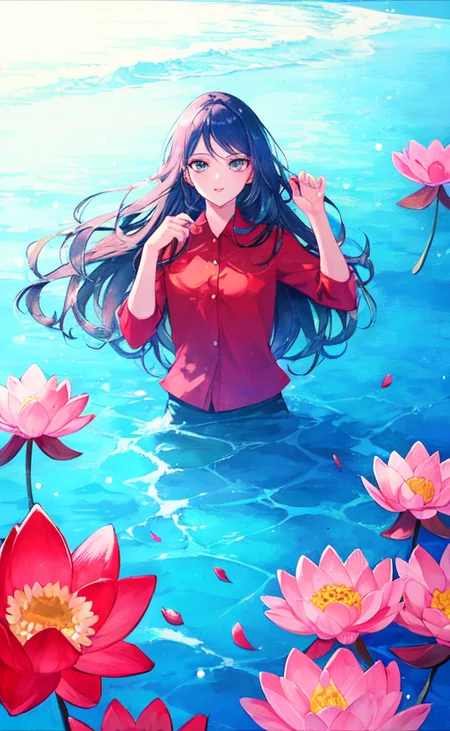 Samia, girl, solo, shirt, looking at you, face, perfect, flowers, high quality, radiant, knight, godly, red shirt, red velvet, water, ocean, lotus