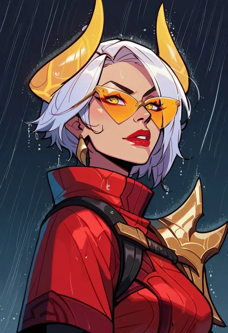 score_9, score_8_up, score_7_up, ultra detailed, 1girl, lbfiora, white hair, yellow glow horns, tinted eyewear, nigth city, cropped jacket, rain, wet