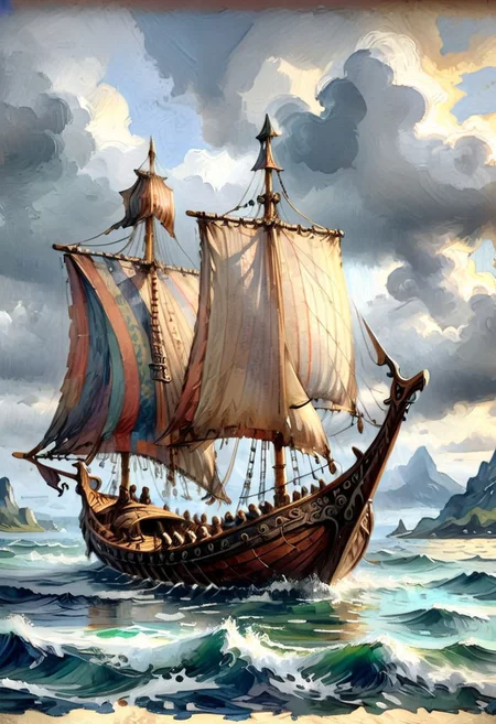 large Viking boat, oil painting , story board illustration, intricate details