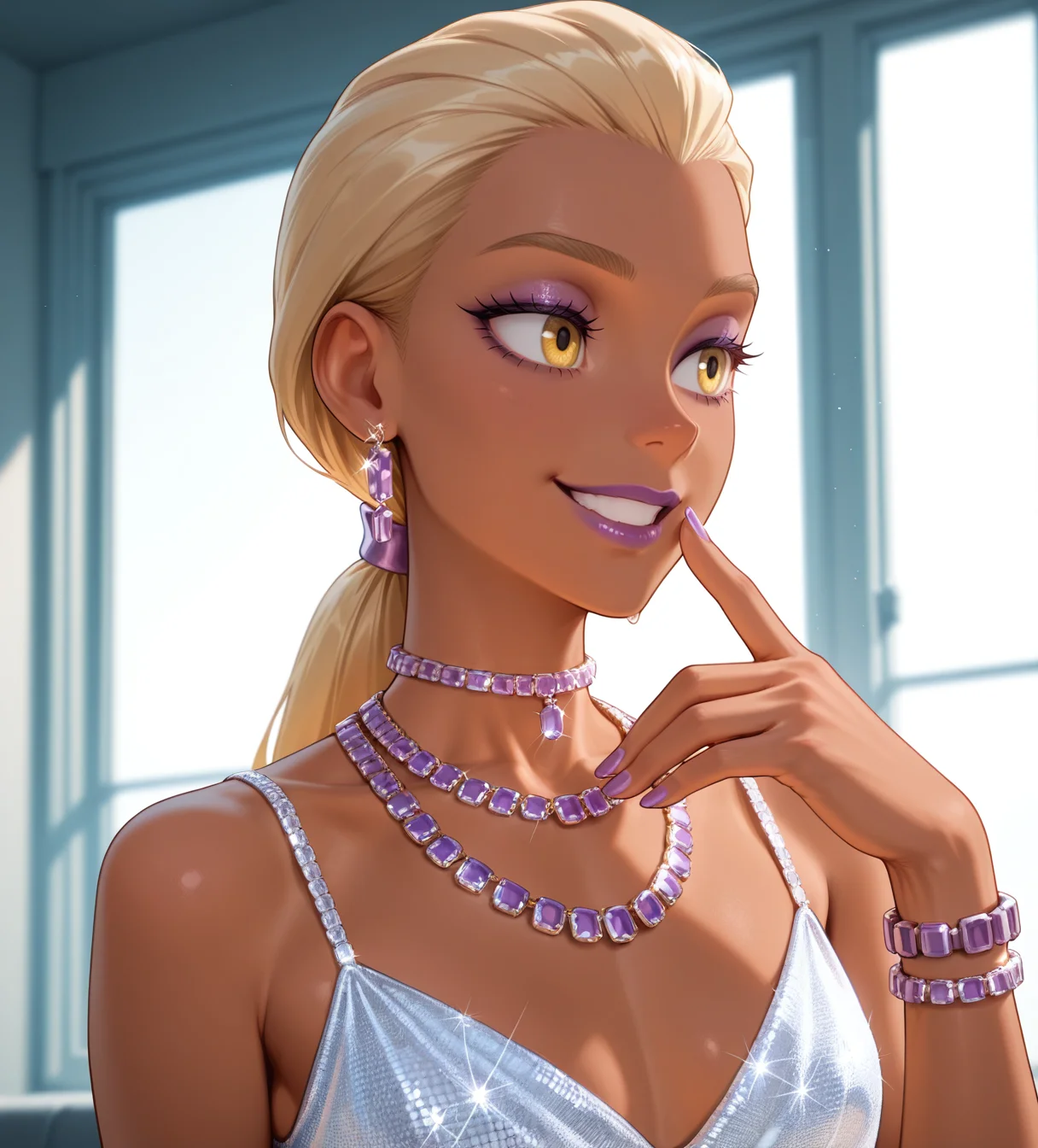 1boy, Rapunzel\(Movie\) style, (Pixar\(movies\):1.15), masterpiece,best quality,amazing quality, volumetric light, newest, Perfect detailed face, solo,
an illustration of a confident dominant Transgirl, Trap, Feminized boy, blonde hair, slicked hair, skinny, low ponytail, Yellow eyes, dark skin, purple lipstick, purple mascara, voluminous hair, long body, mature, smile, small flat breasts,
<lora:Swarovski_mathemagical_Purple:0.8> purple jewelry, bracelets, earrings, multiple necklaces, choker, nails, white dress, glitter dress, portrait, finger to mouth,
BREAK Masterpiece, best quality, amazing quality, HDR, 4K, volumetric light, newest, Perfect detailed face, Pixar\(movies\), Disney Princess,