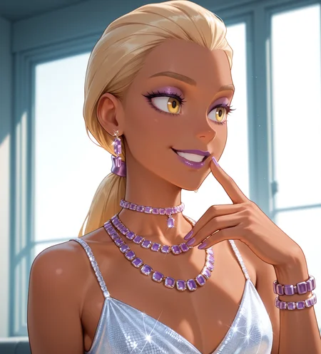 1boy, Rapunzel\(Movie\) style, (Pixar\(movies\):1.15), masterpiece,best quality,amazing quality, volumetric light, newest, Perfect detailed face, solo,
an illustration of a confident dominant Transgirl, Trap, Feminized boy, blonde hair, slicked hair, skinny, low ponytail, Yellow eyes, dark skin, purple lipstick, purple mascara, voluminous hair, long body, mature, smile, small flat breasts,
<lora:Swarovski_mathemagical_Purple:0.8> purple jewelry, bracelets, earrings, multiple necklaces, choker, nails, white dress, glitter dress, portrait, finger to mouth,
BREAK Masterpiece, best quality, amazing quality, HDR, 4K, volumetric light, newest, Perfect detailed face, Pixar\(movies\), Disney Princess,