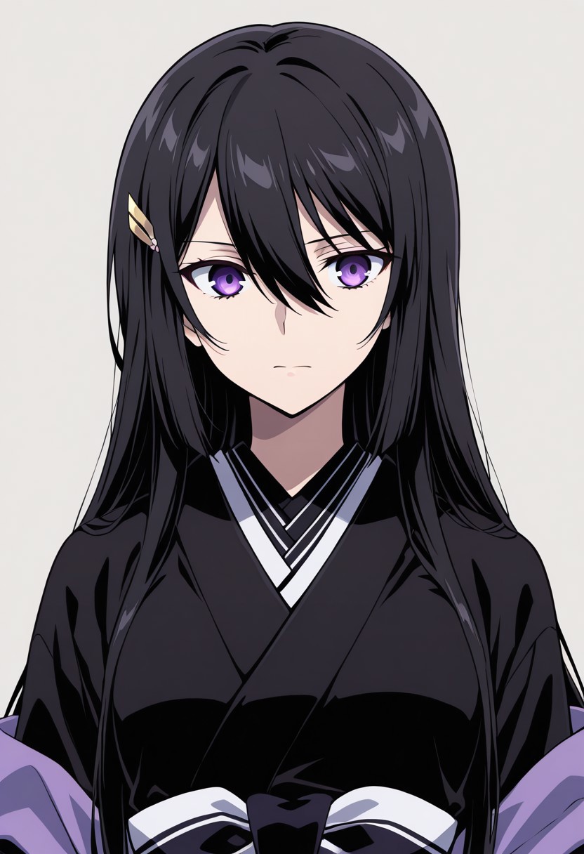 masterpiece, best quality, amazing quality, 1girl, solo, BREAK
ayastb.very long hair, black hair, purple eyes, hair between eyes, japanese clothes, black kimono, hairclip, closed mouth, simple background, upper body, from below