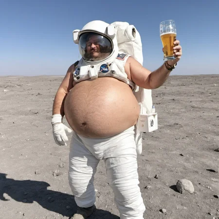 Instagram photo of a beer belly spaceman standing on the moon holding beer in his left hand, huge beer belly <lora:Beer_Belly:1>